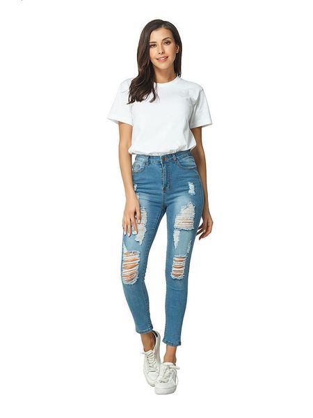 

women casual destroyed ripped distressed skinny denim jeans, Blue