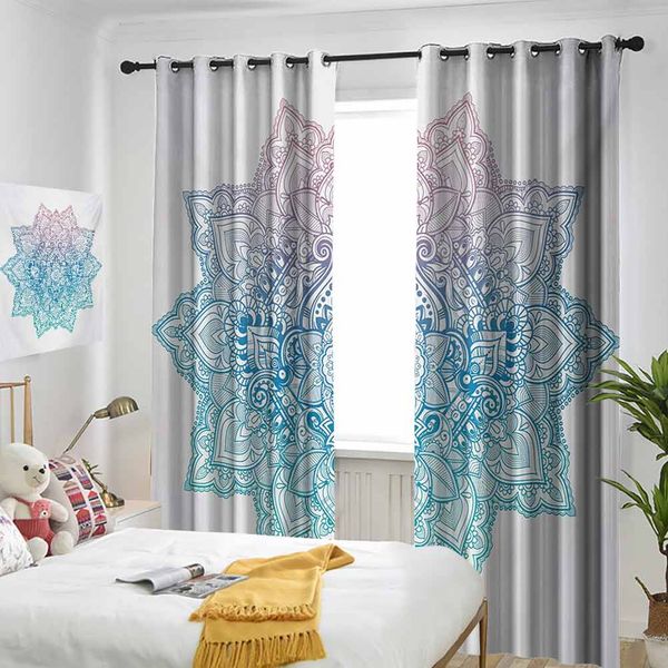 

thermal insulated room darkening window shade bohemian tattoo style zen pastel toned abstract lotus flower design curtain