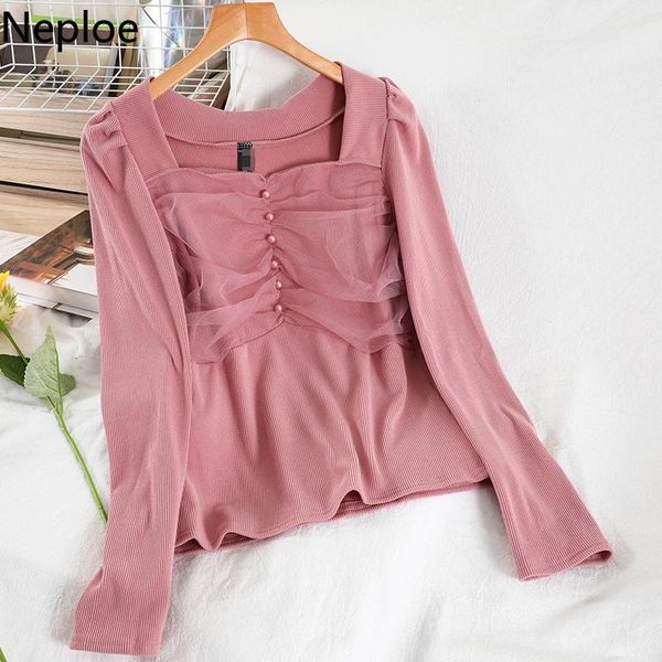 

women's sweaters neploe square collar sweater women gauze pleated knit pullovers ropa mujer chic beading jumper slim all-match sueter, White;black