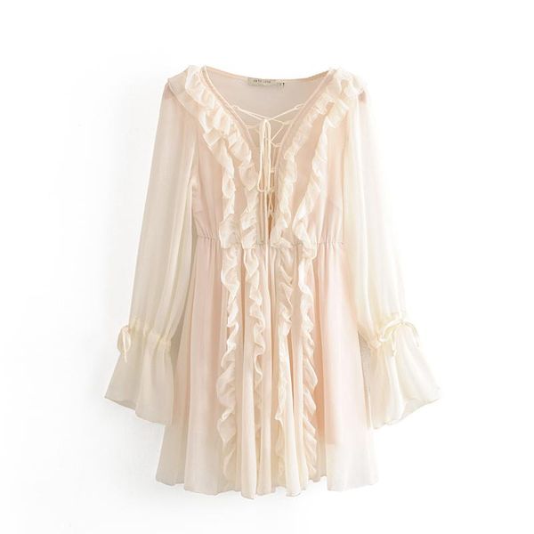 

casual dresses vintage stylish ruffles chiffon mini dress women 2021 fashion v neck long sleeve drawstring beach female vestidos mujer, Black;gray