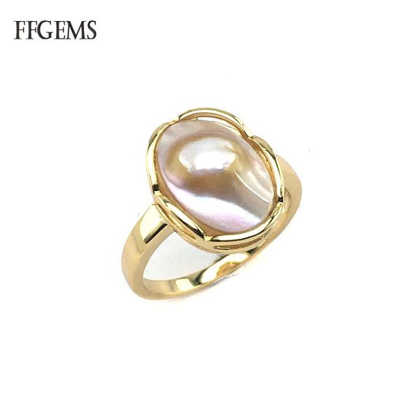 

cluster rings ffgems natural fresh water pearl yellow gold metal baroque bead fashion for woman jewelry party wedding gift ship, Golden;silver
