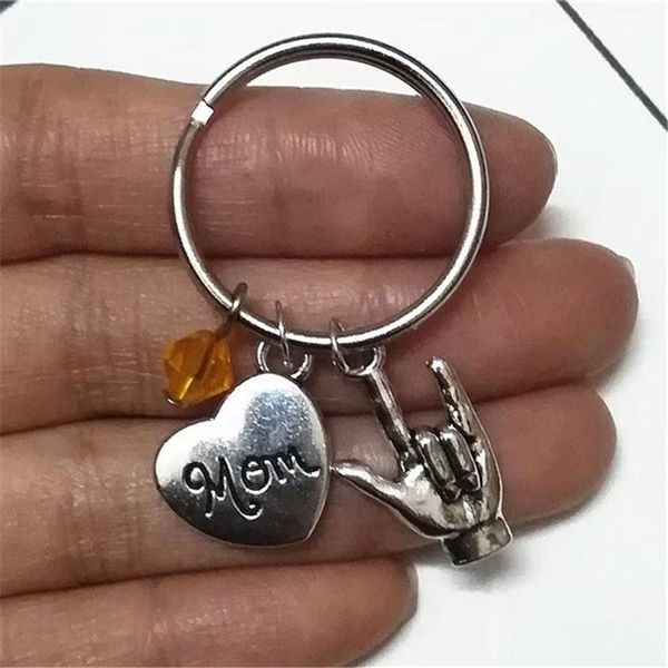 

mothers day hand sign personalized keychain with birthstone, gift for mom, mom jewelry, Silver