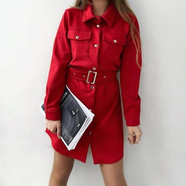 

autumn woman solid color suede dress turndown collar single breasted long sleeve dress with belt drop shipping, Black;gray