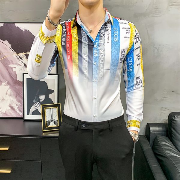 

2021 spring new men shirts letter gradient print long sleeve casual shirt chemise homme streetwear social party nightclub blouse c1212, White;black
