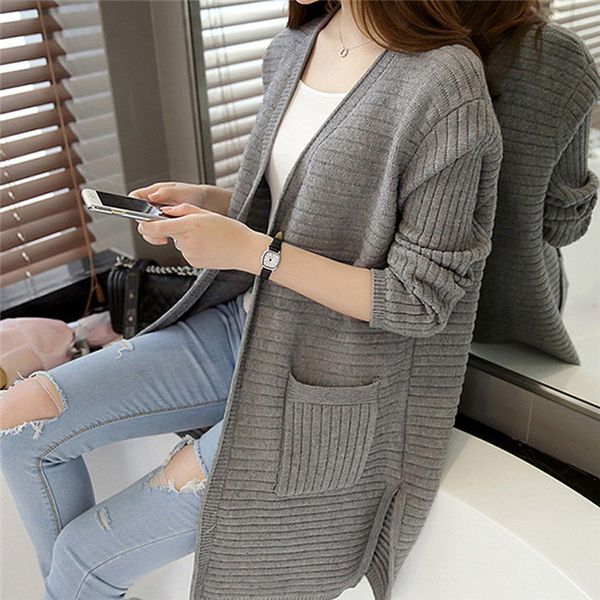

2021 new women's sweater pink cardigan new winter korean fashion with low-cut v-side dividing long female sweaters sf032 th3d, White;black