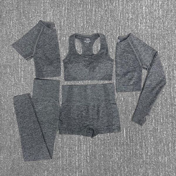 

yoga outfits seamless women set workout sportswear gym clothing fitness long sleeve crop waist leggings 5piece, White;red