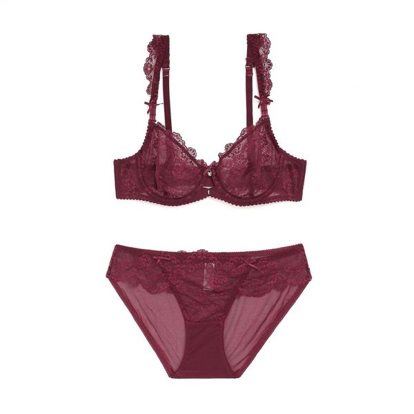 

2021 new collection ladies'bra double-breasted buckle of underwear ultra-thin lace transparent bra set 8b7z, Red;black