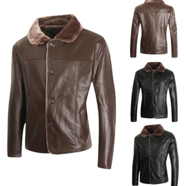 

2019 warm fleece winter fashion stylish brand men's leather jacket collar stand slim motorcycle faux leather male coat outwear jacket, Black;brown