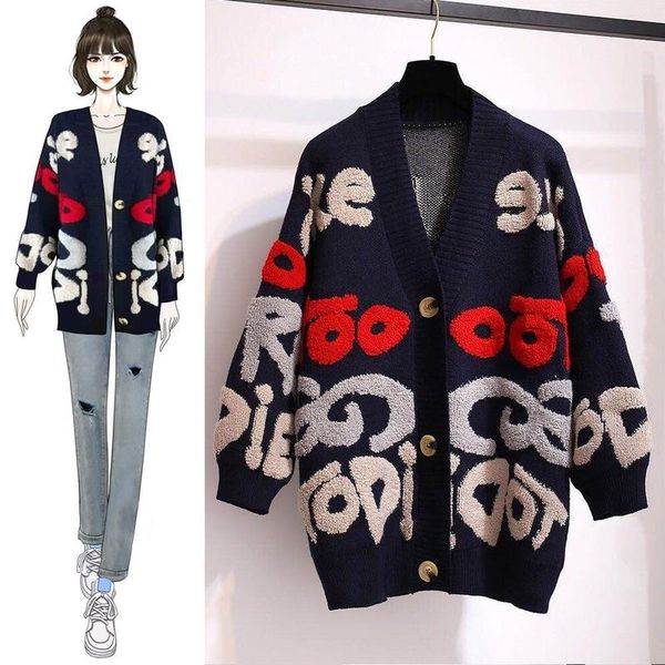 

women's knits & tees women letter print knit sweater 2021 spring autumn korean long sleeve single breasted thick loose cardigans, White