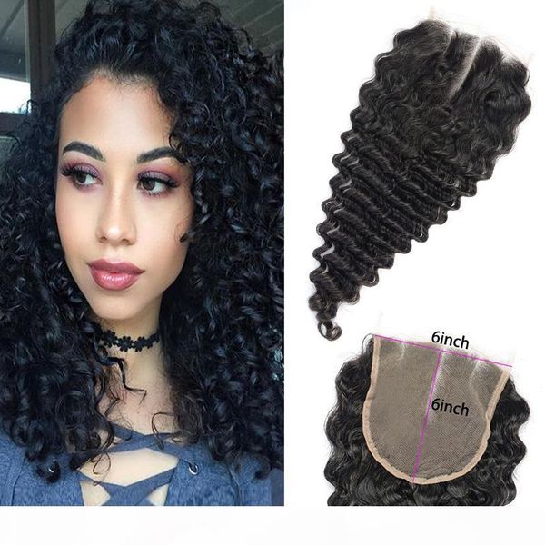 

peruvian human hair extensions 6x6 lace closure deep wave closures 8-20inch deep curly natural color with baby hair, Black;brown