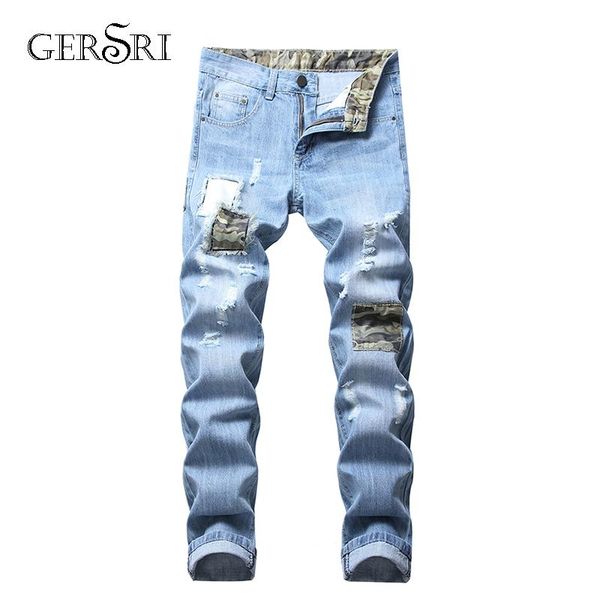 

gersri men's fashion vintage ripped jeans skinny slim fit zipper denim pant destroyed trousers pants plus size 28-42, Blue