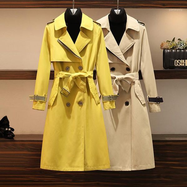 

large size women's 2020 spring new windbreaker jacket style western style double-breasted lace up female long windbreaker jacket1, Tan;black