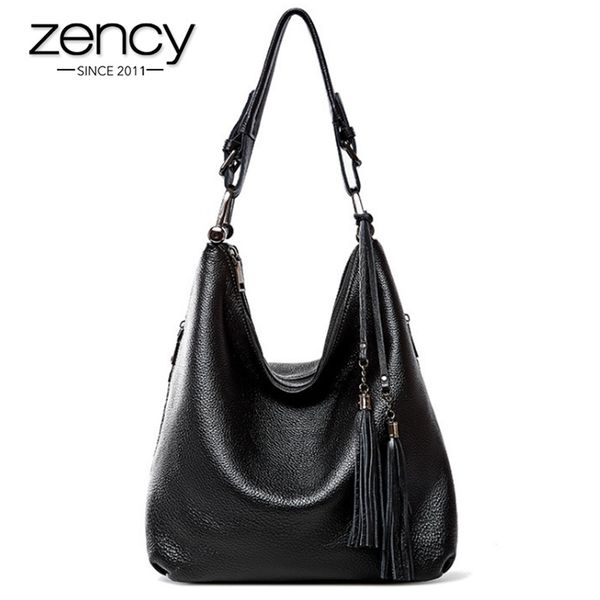 

zency fashion women shoulder bag 100% genuine leather daily casual shopping hobos classic black tote handbag crossbody bags c0121