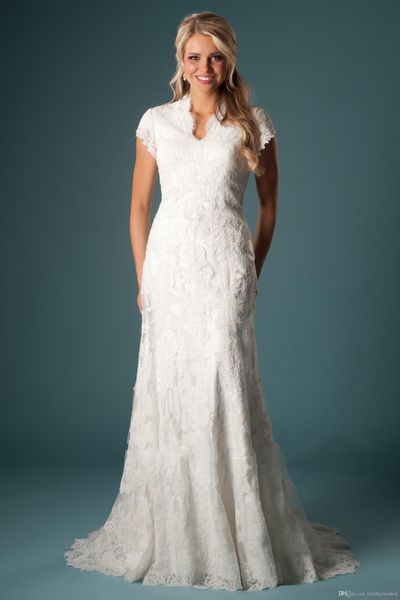 Abiti da sposa modesti a sirena in pizzo vintage con maniche corte scollo a V con applicazioni collo alto abiti da sposa tempio designer su misura