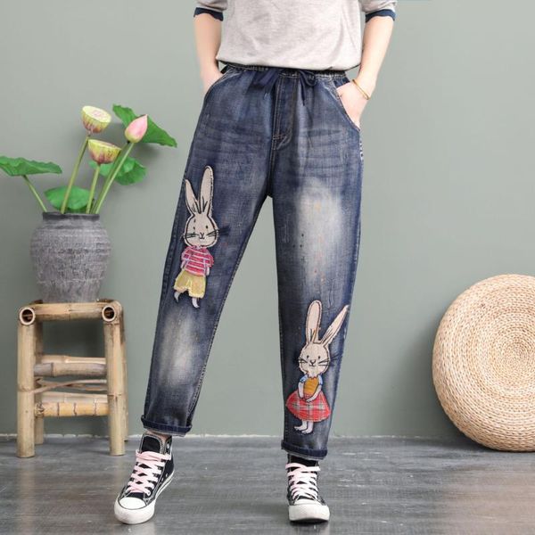 

women's jeans cute kawaii cartoon denim pants female loose washed bleached autumn elastic waist harem trousers vintage 2021, Blue