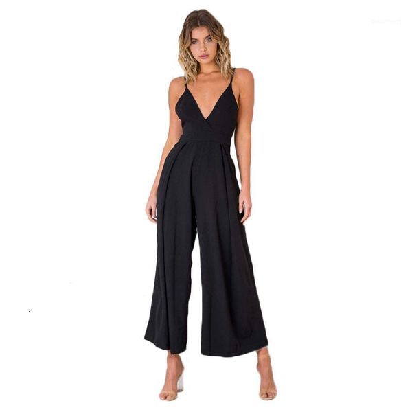 

summer deep v neck bow loose combinaison femme leg jumpsuits overalls kombinezony for women 2019 rompers womens jumpsuit1, Black;white
