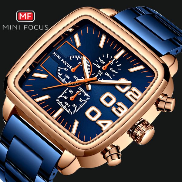 

minifocus military brand luxury quartz watches men dress royal chronograph clock male blue strainless steel band wrist watch, Slivery;brown