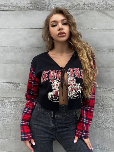 

meysi kim tartan car and letter graphic tie front z7rf#, White