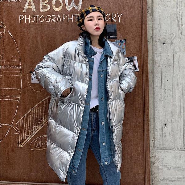 

autumn winter solid color down jacket casual simple long section bf wind loose thickening bread cowboy decoration warm coat1, Black