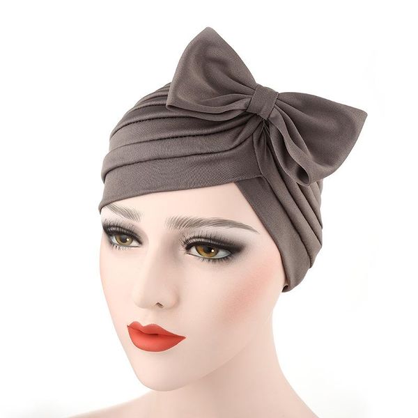 

new folded hat new bowknot pure color turban muslim baotou hat spot, Blue;gray
