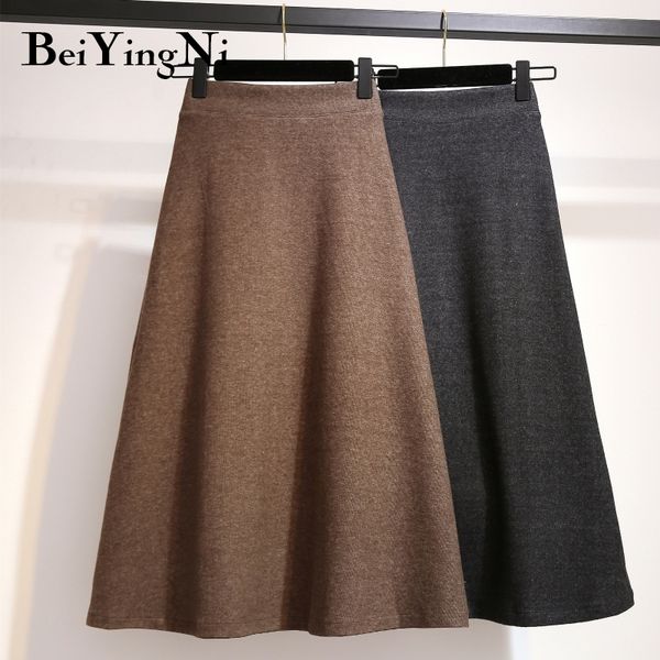 

beiyingni autumn knitted high waist skirt women large size vintage office lady faldas casual simple a-line skirts saia midi warm t200106, Black