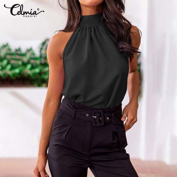

fashion celmia women summer bow tie casual halter blouses sleeveless office lady work shirts female solid blusas 5xl1, White