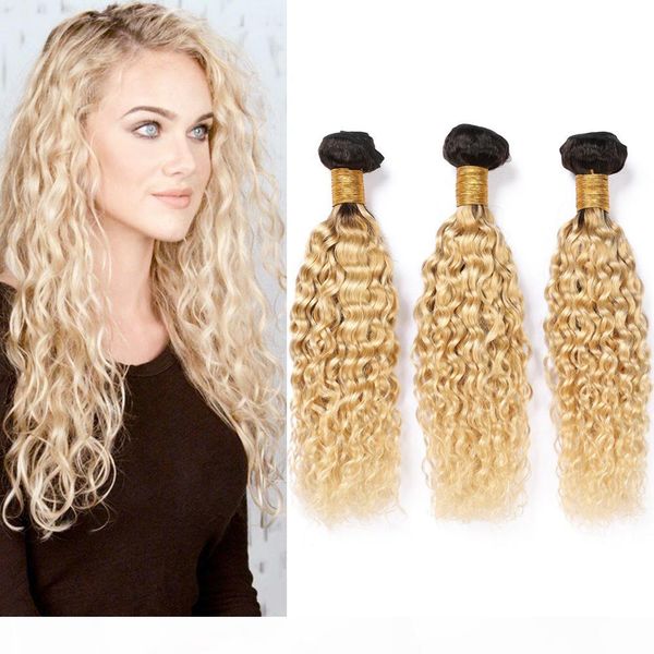 

1b 613 ombre human hair bundles dark root hair extensions water wave blonde ombre brazilian virgin hair weave wefts wet and wavy bundles, Black