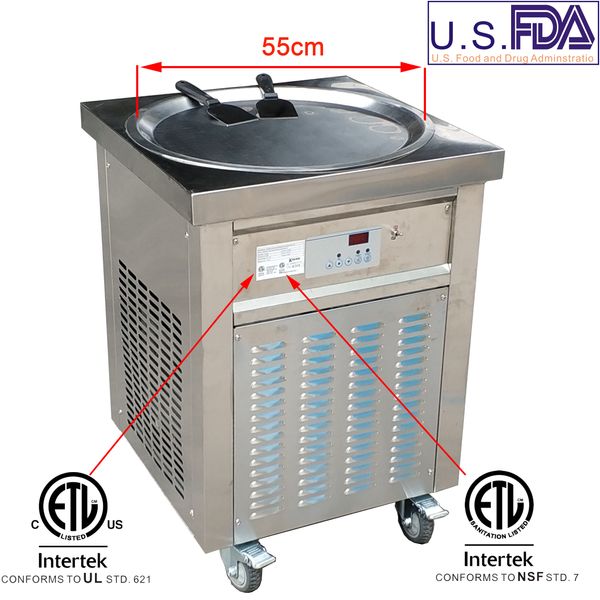 Kostenloser Versand an Tür Gewerbe ETL CE Lebensmittelverarbeitungsgeräte Single 55 cm runde Pan Thai gebratener Joghurt Roll -Eismaschine