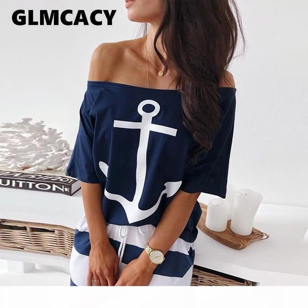 

women two piece sets boat anchor print t-shirt & striped skirt sets casual ankle-length fashion off shoulder maxi striped skirt y19062601, White