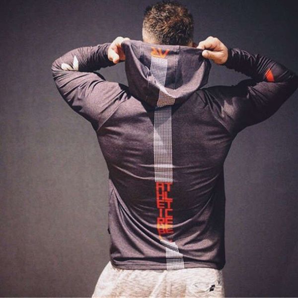 

muscle brother spring autumn new hooded t-shirt men's fitness leisure sports coat thin long sleeve sweater and hoodie, Gray