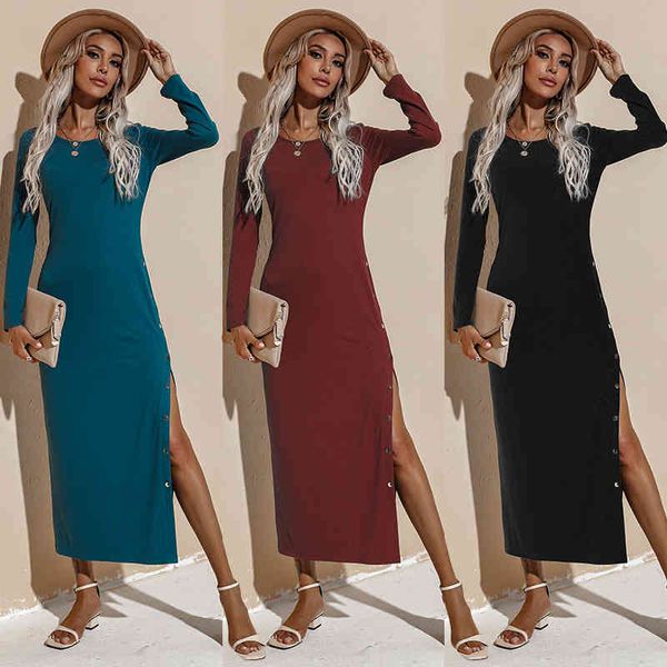 

womens casual dress maxi dress long sleeve o neck fashion button slit slim dresses solid color female street spring autumn, Black;gray