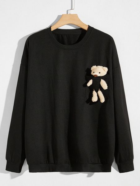 

men 3d bear detail drop shoulder sweatshirt d7vt#, Black