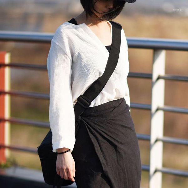 

johnature women cotton linen t-shirts vintage 2020 spring new v-neck long sleeve white black women casual loose