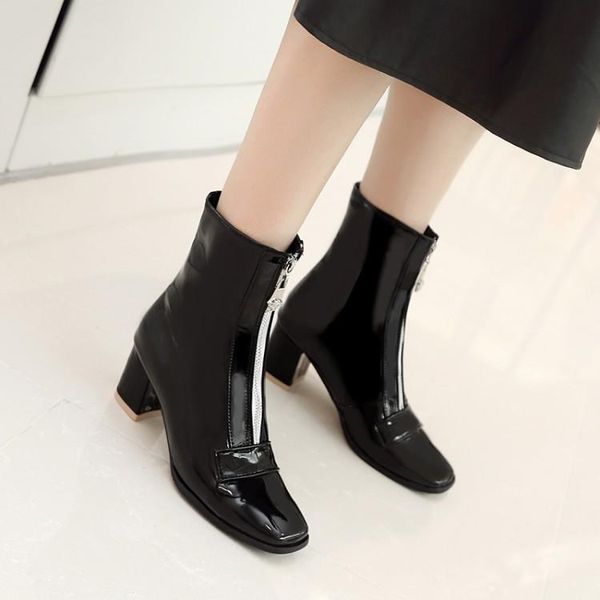 

big size ma'am coarse heel short boots front zipper squarehead fashion boot barrel high heel boots, Black
