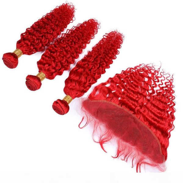 

deep wave virgin indian human hair bright red bundles 3pcs with 13x4 frontal closure 4pcs lot red colored hair weaves with lace frontal, Black;brown