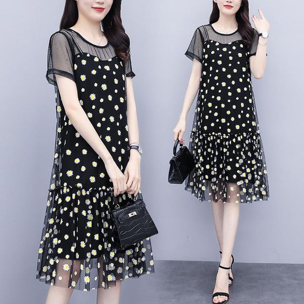 

casual dresses fat sister big size women's dress 2021 summer korean mm medium length, Black;gray