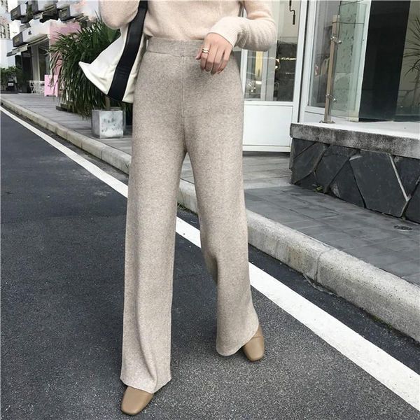 

women's pants & capris autumn winter loose elastic waist women straight leg knitted pant 2021 ladies casual sweater trouser floor-lengt, Black;white