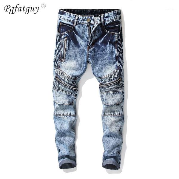 

men's vintage stretch stitching biker jeans for motorcycle slim fashion holed nightclub pants micro-elastic denim trousers1, Blue