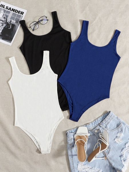 

plus 3pcs solid ribbed knit bodysuit 06kd#, Black