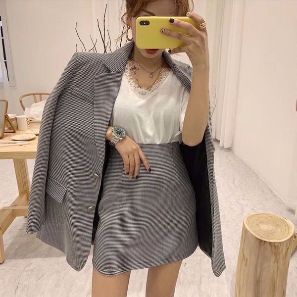 

junelove women spring korean fashion suit office lady blazer&skirts sets high waist skirt two-piece single breasted outwears 201201, White;black