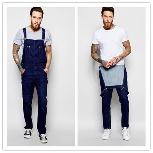 

men's slim fit suspenders pants straight jeans fashion multi-pockets bib overall jumpsuit denim trousers with braces plus size1, Blue