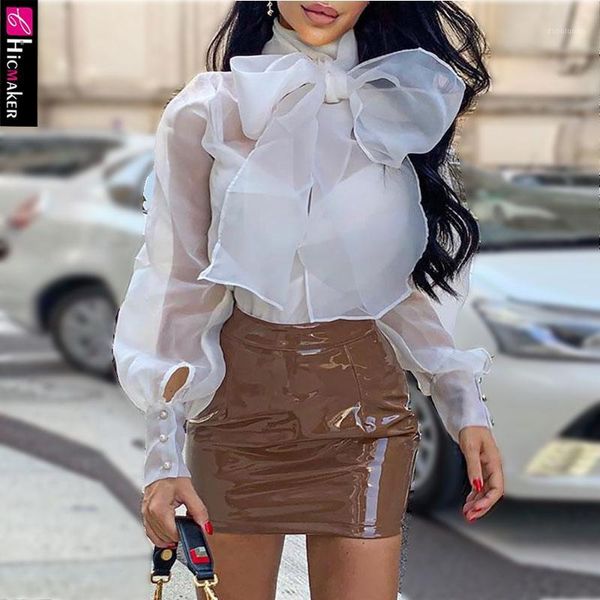 

sheer mesh tied neck bowknot buttoned shirt women chic elegant office lady spring fall solid plus size and blouses1, White