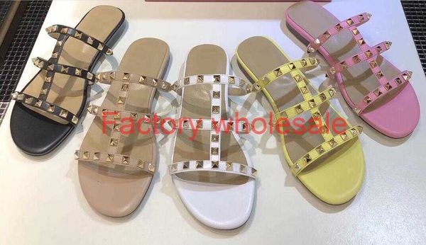 

2020 new fashion womens flat rivet espadrilles shoes casual sandals leather flat slippers flip flop 35-41, Black
