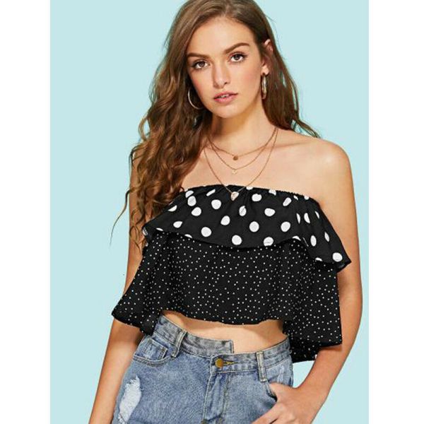 

2020 women's casual summer loose ruffled off the shoulder t-shirts ladies black white dot print crop t-shirt