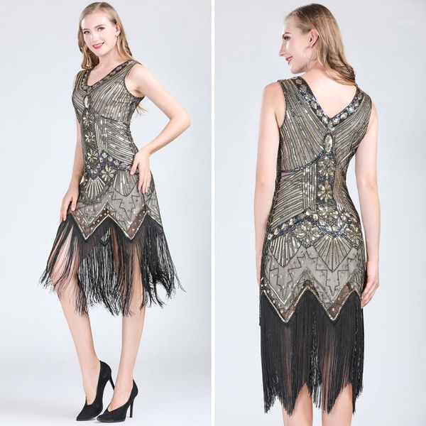 

women 1920s vintage great gatsby dress double v-neck sleeveless beaded sequin tassel dress art deco flapper for party1, Black;gray