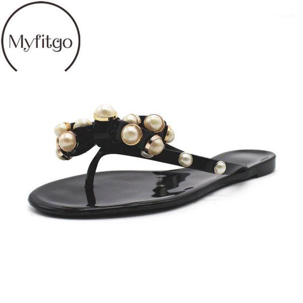 

myfitgo fashion pearls bowknot women flip flops summer beach flat slippers female outside jelly shoes pvc slides women slippers1, Black