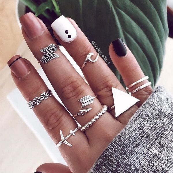 

12 drop new piece water geometry set women's diamond midi tail ring, Silver