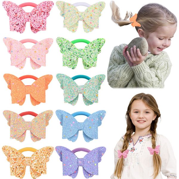 

3.5 inch kid hair rope for girl hairband star sequins accessory with butterfly baby nylon elastic hair tie ins, Slivery;white