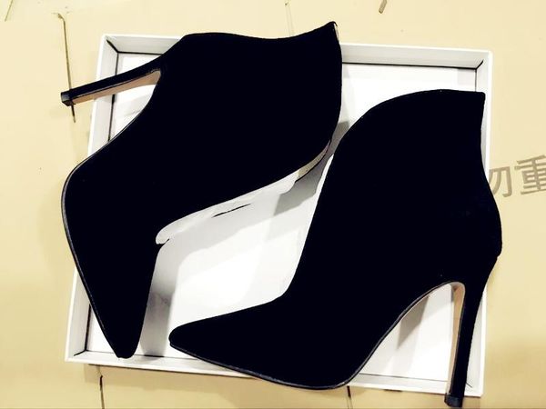 

boots women fashion pointed toe suede leather high heel ankle v cut heels stiletto pumps, Black