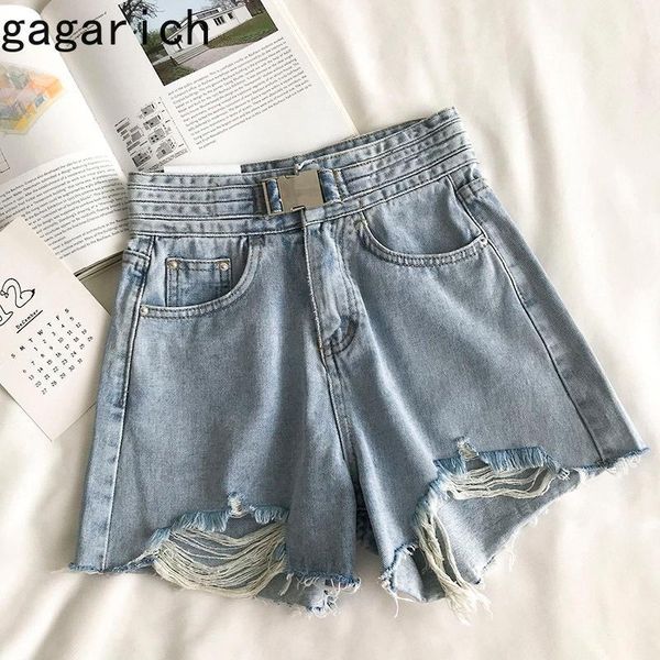 

women's jeans gagarich denim shorts female summer 2021 korean style light blue irregular hole design high-waisted wide-leg shorts1